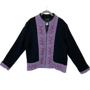 Uruguay Wool Jacket Vintage Floral Detail Black Purple Full Zip Size Large Retro